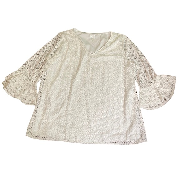 Dress Barn white circle lace blouse size XL spandex quarter bell ruffle sleeves - Picture 2 of 12